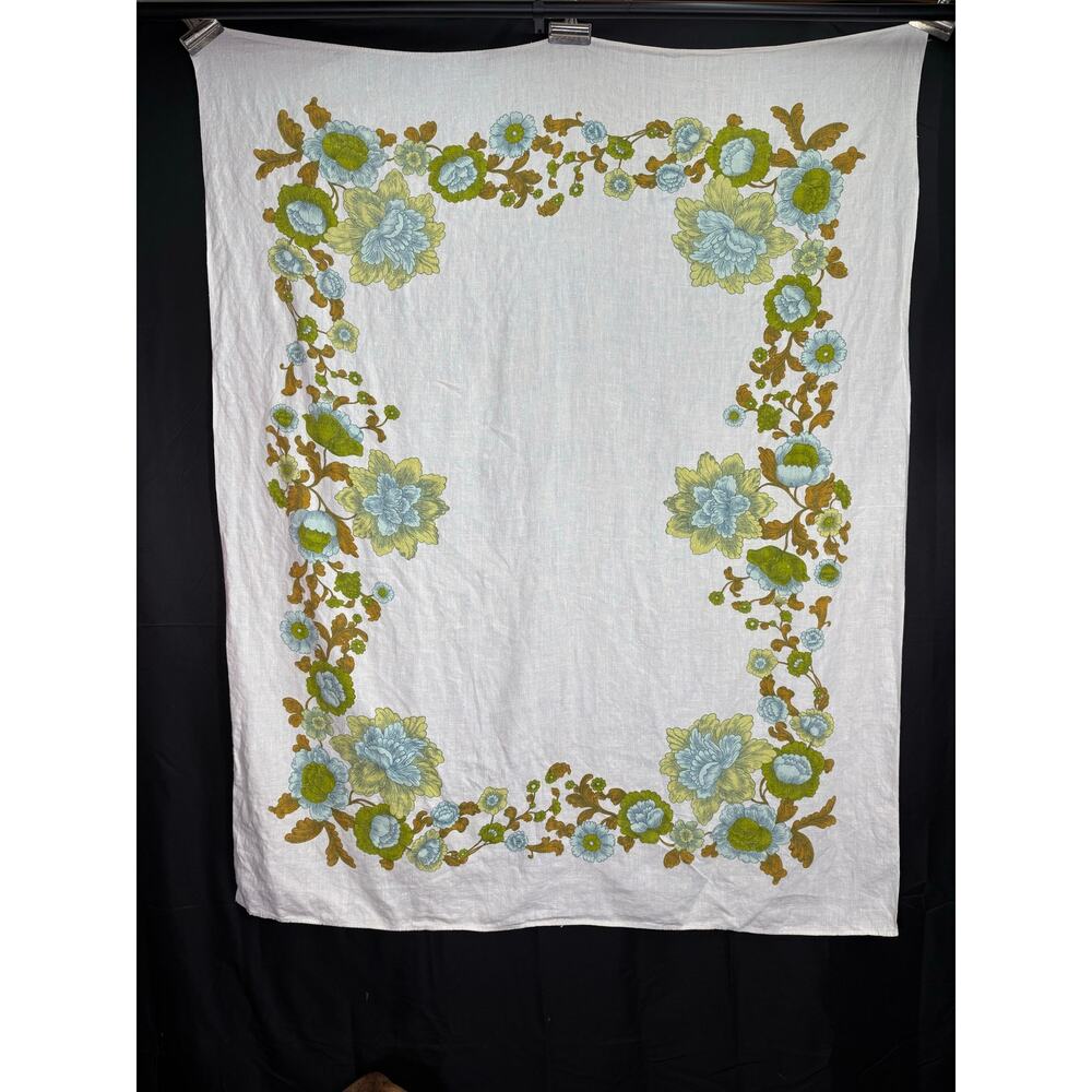 Vintage 60's Floral Cotton Tablecloth Cabbage Flowers Blue Green Brown,